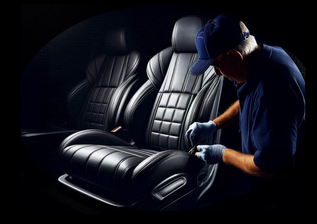 Man repairing upholstery in a car